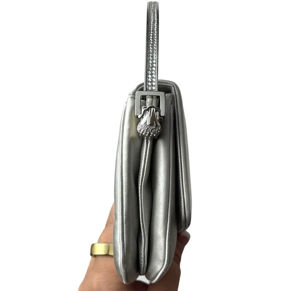 Vintage Judith Leiber‎ Silver Soft Boom Clutch Crystal Handle Evening Event